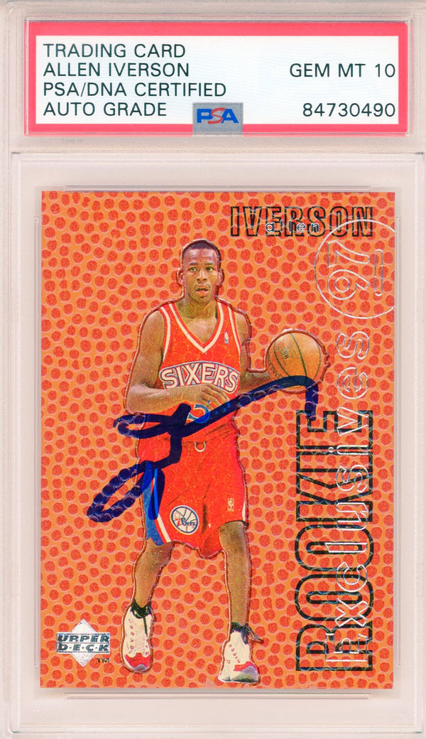 Allen Iverson Autographed 1997 Upper Deck Rookie Exclusives Card #R1 (PSA Auto Gem Mt 10)