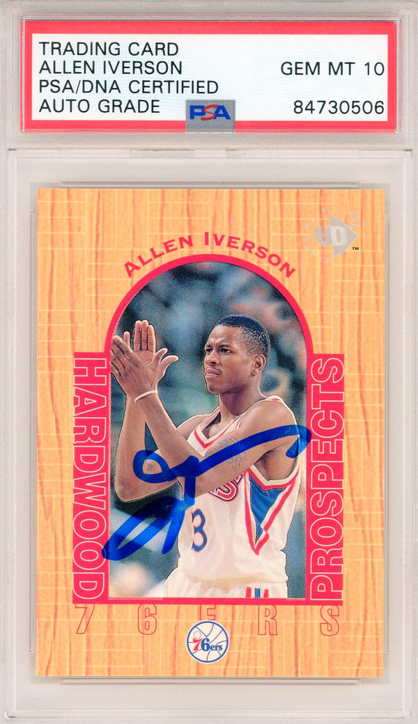 Allen Iverson Autographed 1997 UD3 Hardwood Prospects Card #14 (PSA Auto Gem Mt 10)