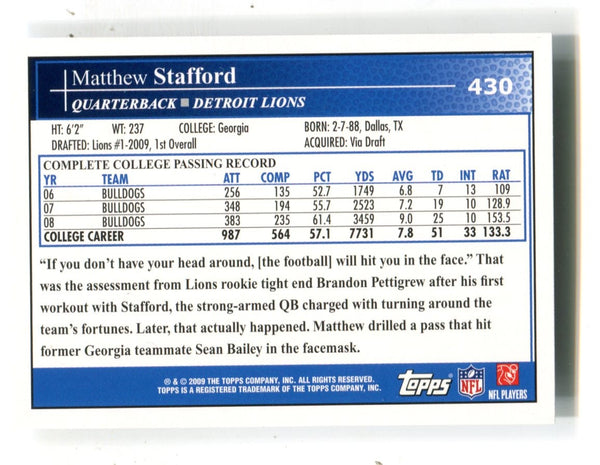 Matthew Stafford 2009 Topps #430 RC