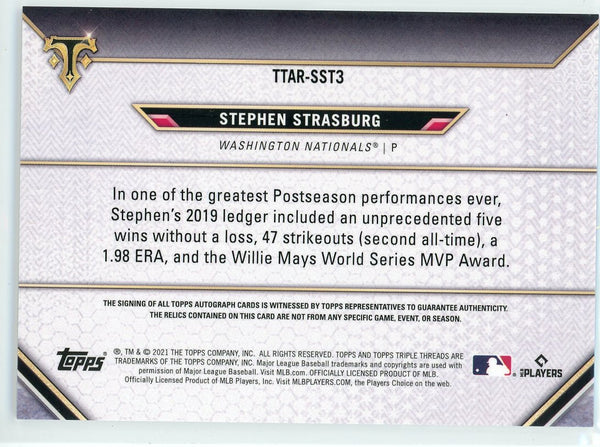 Stephen Strasburg Autographed 2021 Topps Triple Threads Jersey Card #TTAR-SST3