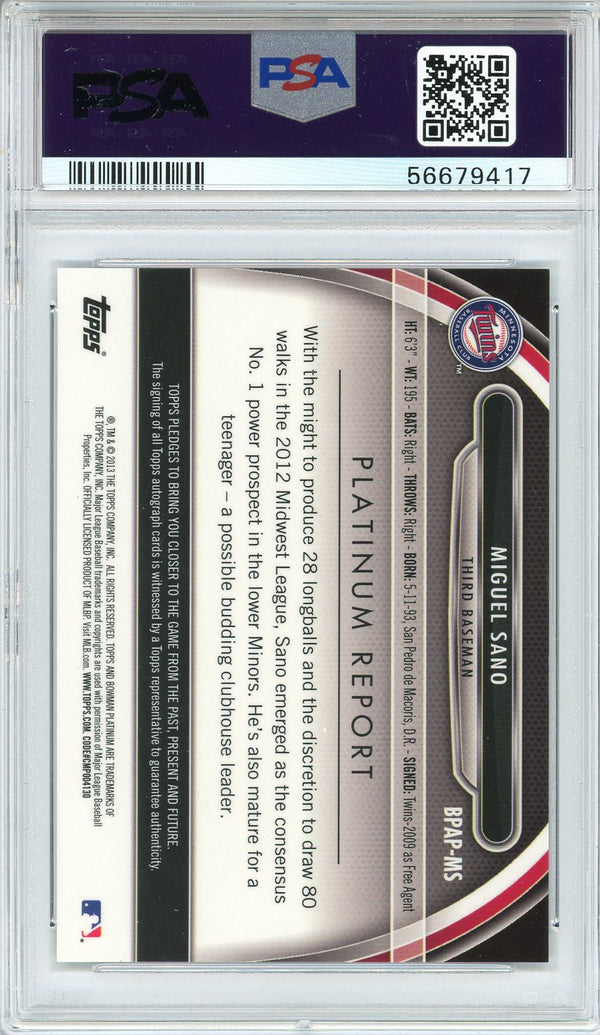 Miguel Sano Autographed 2013 Bowman Platinum Ice Card #MS (PSA 8/9)