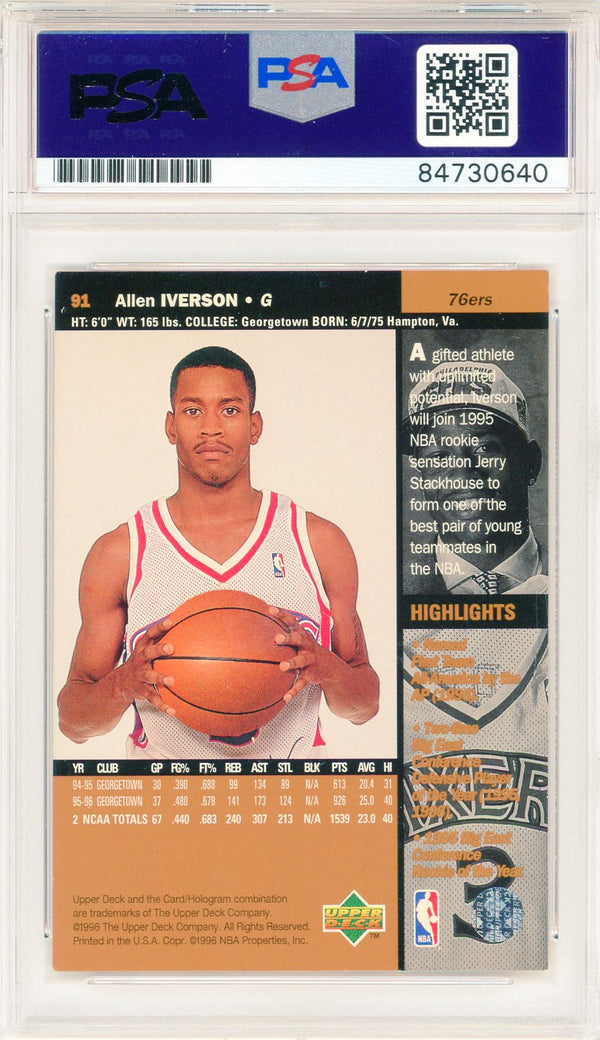 Allen Iverson Autographed 1996 Upper Deck Card #91 (PSA Auto)