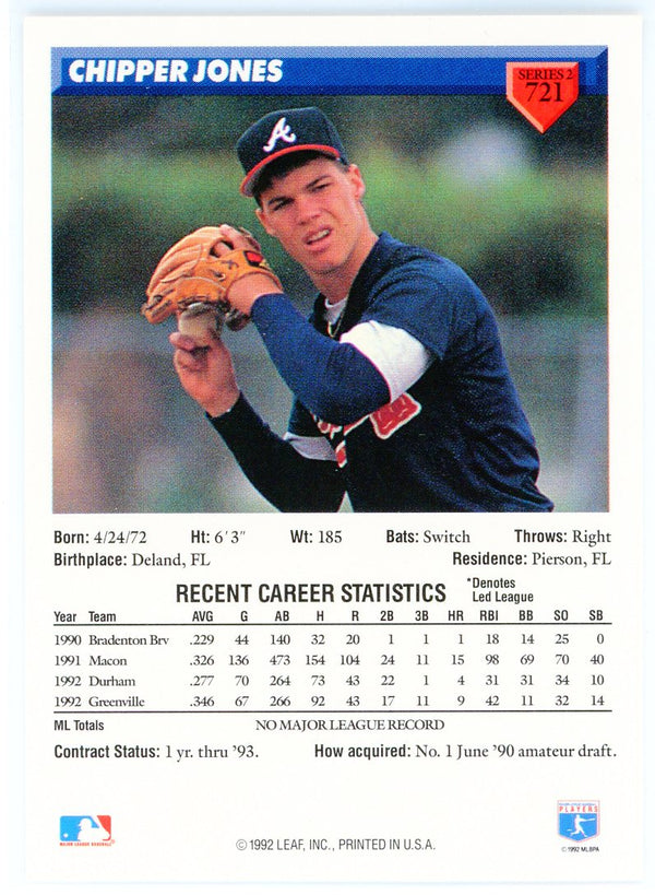 Chipper Jones 1992 Donruss Rated Rookie Card #721