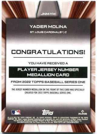 Yadier Molina Topps Commemorative Jersey Number Medallion