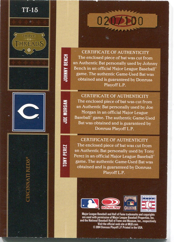 Johnny Bench, Joe Morgan, Tony Perez 2004 Donruss Triple Threads Game Used Bat Card /100