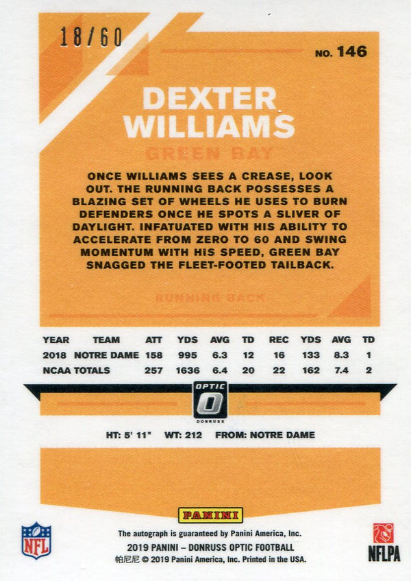 Dexter Williams Autographed 2019 Donruss Optic Rookie Card 18/60