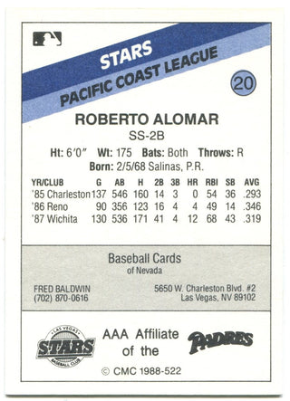 Robbie Alomar 1988 Rookie Las Vegas Stars Card