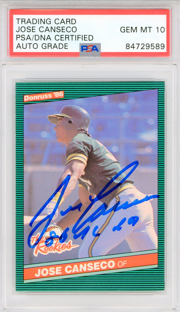 Jose Canseco "86 AL ROY" Autographed 1986 Donruss Rookie Card #22 (PSA Auto Gem Mt 10)