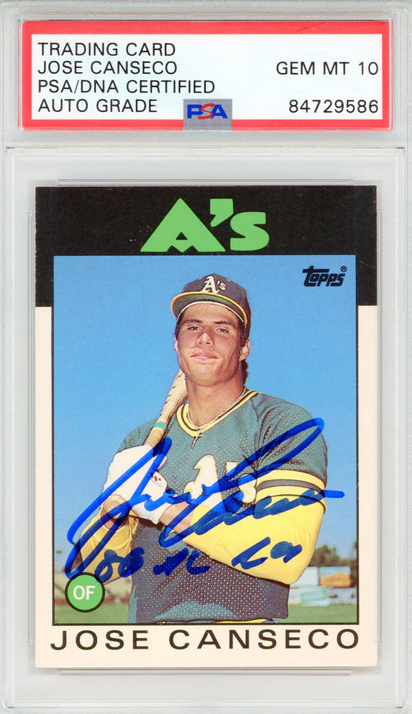 Jose Canseco "86 AL ROY" Autographed 1986 Topps Rookie Card #20T (PSA Auto Gem Mt 10)