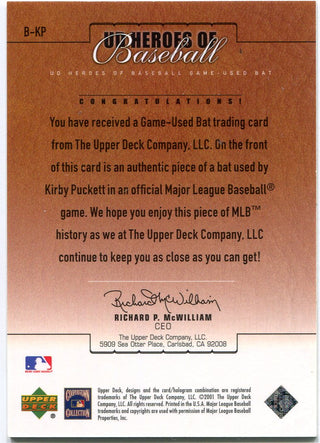 Kirby Puckett 2001 Upper Deck Game Used Bat Card