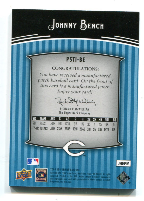 Johnny Bench 2008 UD Premier Stitchings Patch Card #PSTIJB /50