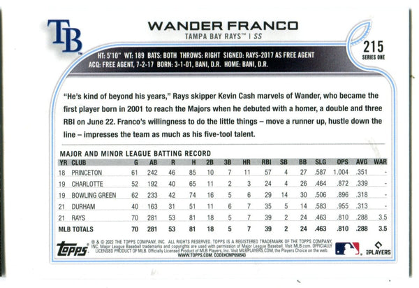 Wander Franco 2022 Topps 215 Series One #215 Rookie Card