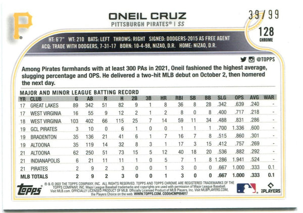 Oneil Cruz Topps Chrome Green Refractor 39/99 Rookie Card