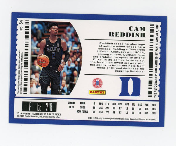 Cam Reddish 2019-20 Panini Contenders Draft Picks #54 Auto Card