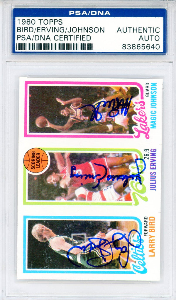 Larry Bird, Julius Erving & Magic Johnson Autographed 1980 Topps Rookie Card (PSA)