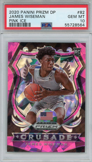 James Wiseman 2020 Panini Prizm Draft Pick Cracked Pink Ice  Crusade Rookie Card #82 (PSA)