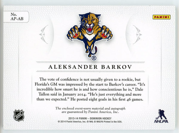 Aleksander Barkov Autographed 2013-14 Panini Dominion Rookie Patch Card #AP-AB