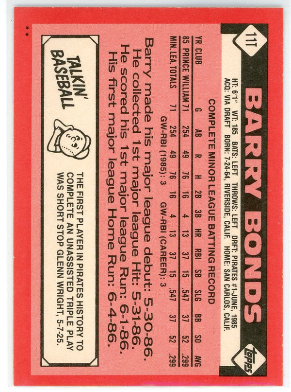 Barry Bonds 1986 Topps Rookie Card #111