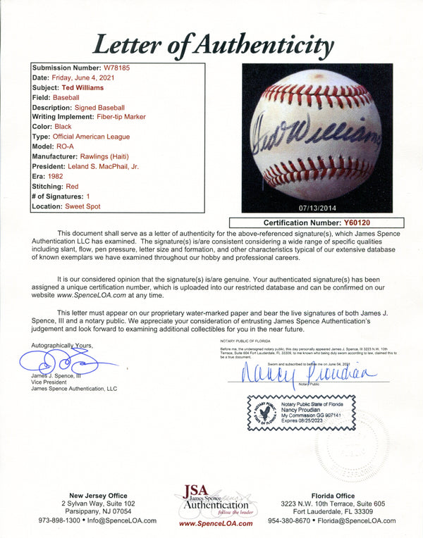 Ted Williams Autographed Lee MacPhail Baseball (JSA)