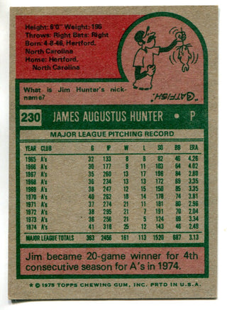 Jim Catfish Hunter 1975 Topps Card #230