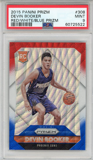 Devin Booker 2015 Panini Prizm Red/White/Blue Prizm Rookie Card #308 (PSA Mint 9)