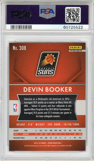 Devin Booker 2015 Panini Prizm Red/White/Blue Prizm Rookie Card #308 (PSA Mint 9)