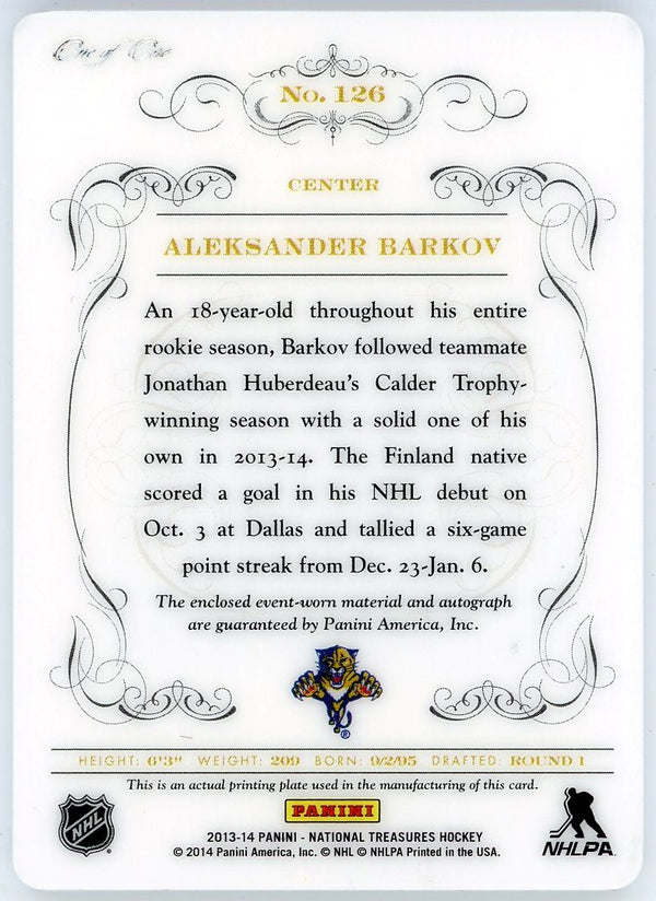 Aleksander Barkov Autographed 2013-14 Panini National Treasures Rookie Patch Plate Card #126