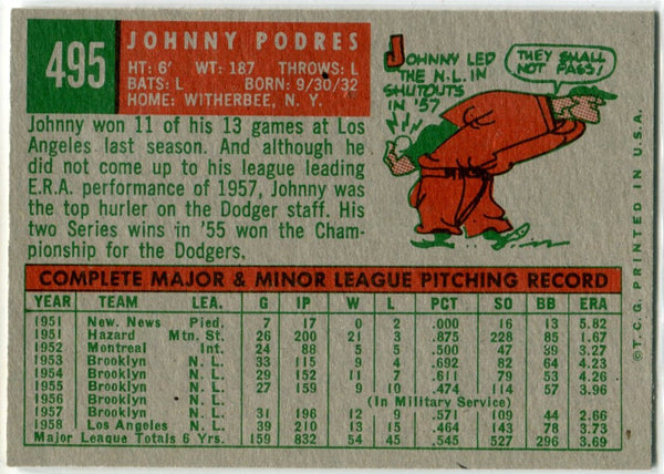 Johnny Podres 1959 Topps Card #495