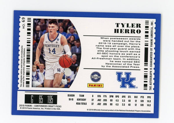 Tyler Herro 2019 Panini Contenders Draft Picks #69 Autographed Card /99