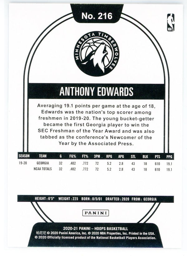 Anthony Edwards 2020-21 Panini NBA Hoops Rookie Card #216