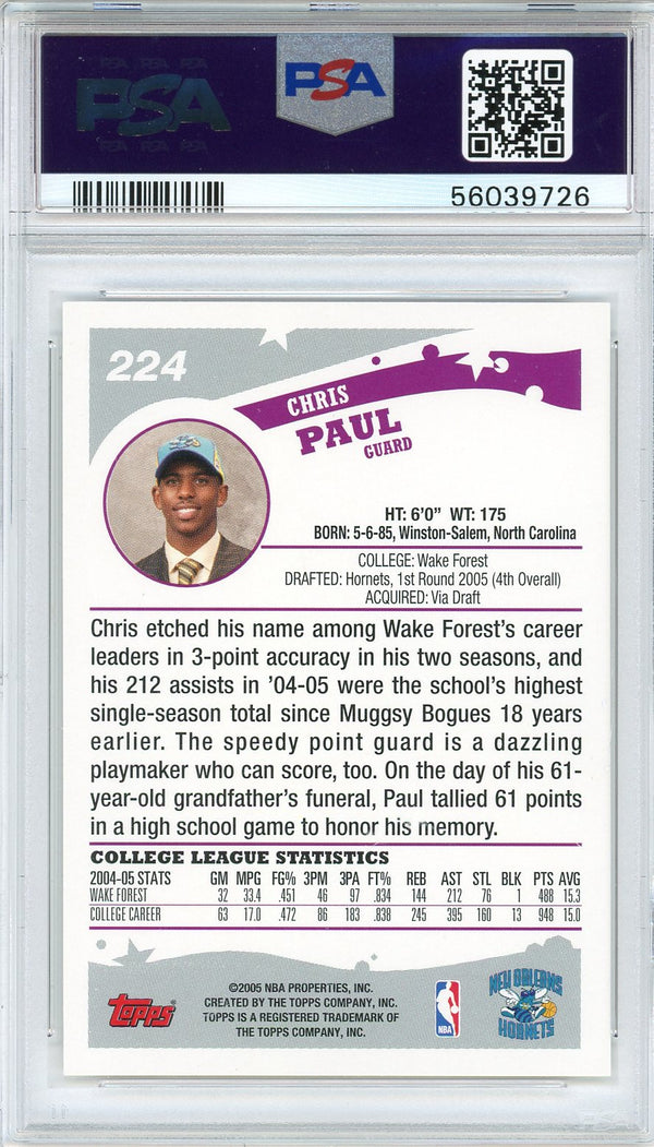 Chris Paul 2005 Topps Rookie Card #224 (PSA)