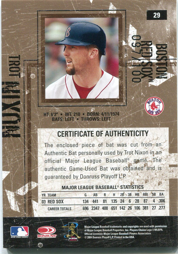 Trot Nixon 2004 Donruss Playoff Game Used Bat Card /100