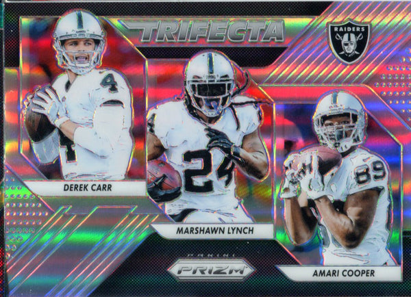 Derek Carr, Marshawn Lynch & Amari Cooper 2018 Panini Prizm Trifecta Silver Insert Card