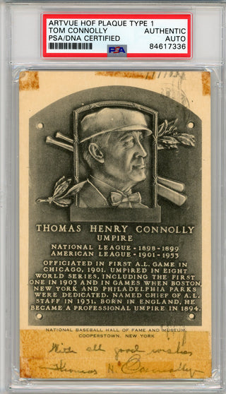 Tom Connolly Autographed Artvue HOF Plaque Type 1 Postcard (PSA)