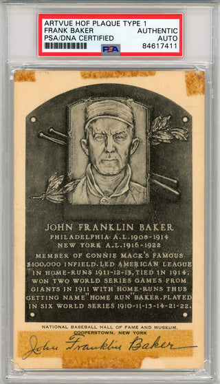 Frank Baker Autographed Artvue HOF Plaque Type 1 Postcard (PSA)