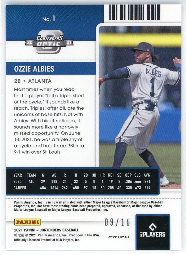 Ozzie Albies 2021 Panini Contenders Optic Season Ticket Purple Prizm Card #1