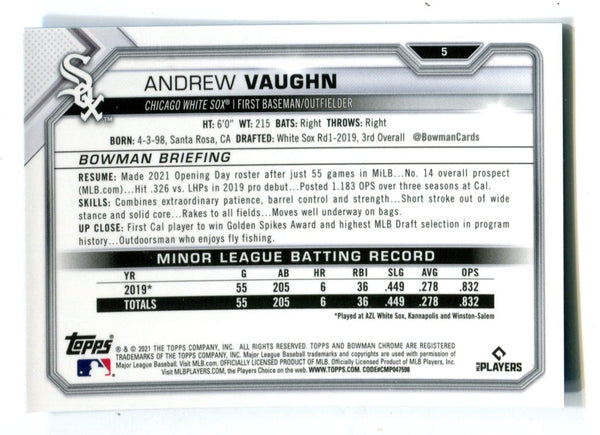 Andrew Vaughn 2021 Bowman Chrome #5 Blue Refractor RC  /150