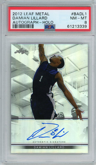 Damian Lillard Autographed 2012 Leaf metal Holo Card #BADL1 (PSA NM-MT 8)