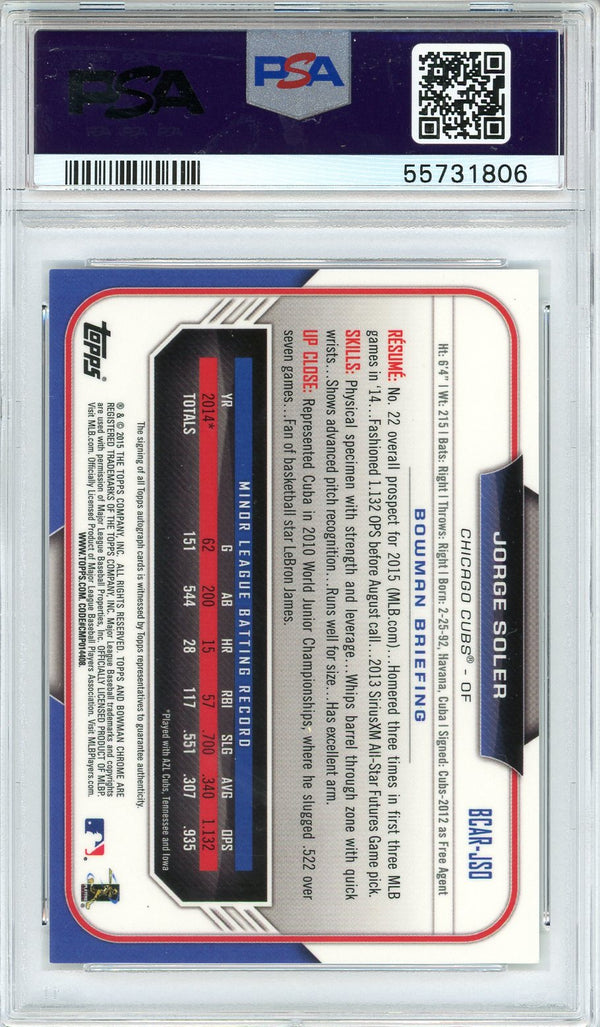 Jorge Soler Autographed 2015 Bowman Chrome Rookie Card #JSO (PSA 9/10)