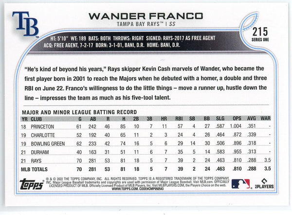 Wander Franco 2022 Topps Series One Rookie Card #215