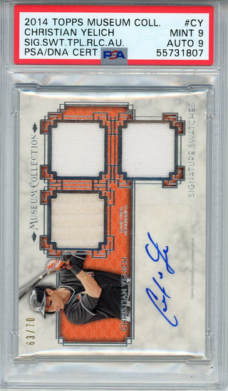 Christian Yelich Autographed 2014 Topps Museum Collection Triple Swatch Relic Card #CY (PSA 9/9)