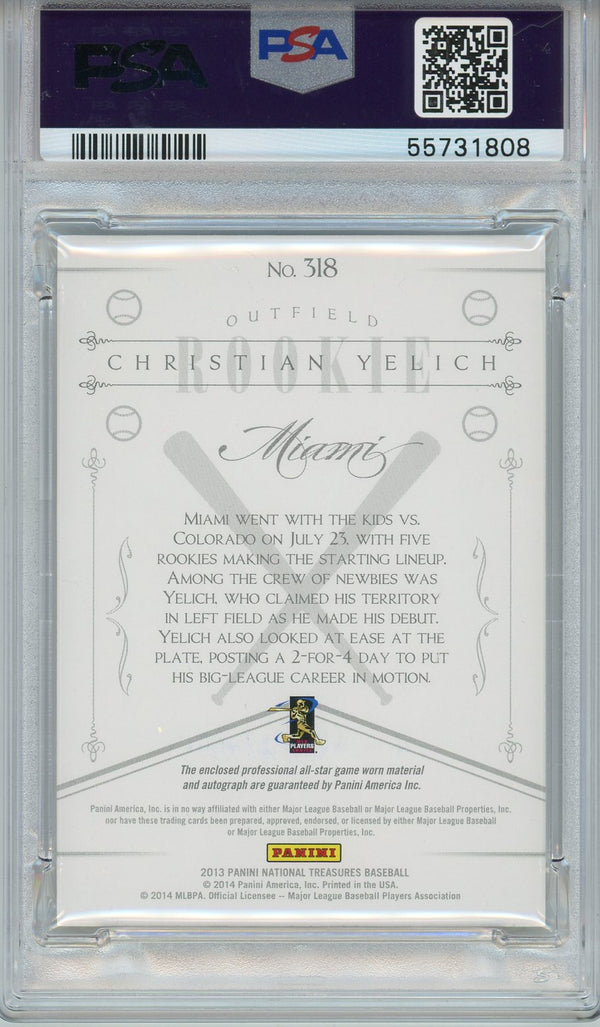 Christian Yelich Autographed 2013 Panini National Treasures America's Pastime Rookie Patch Card #318 (PSA 10/9)