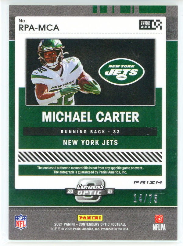 Michael Carter Autographed 2021 Panini Contenders Optic Rookie Patch Card #RPA-MCA