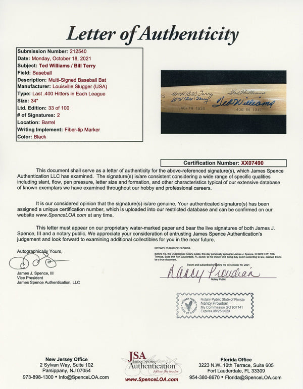 Ted Williams & Bill Terry Autographed Louisville Slugger Bat (JSA)