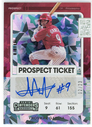 Yhoswar Garcia Autographed 2021 Panini Contenders Prospect Ticket Cracked Ice Card #PT2-YG