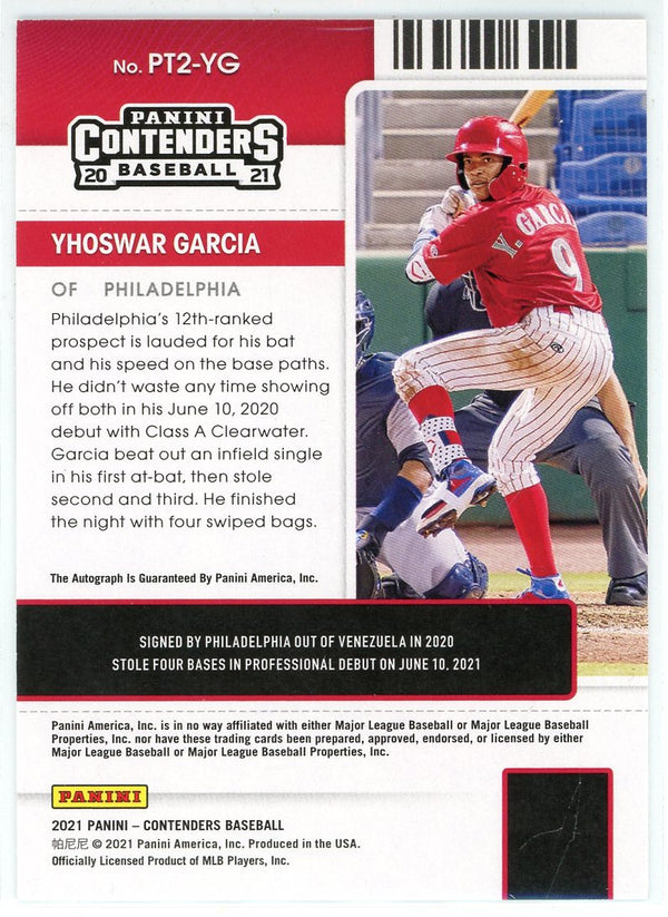 Yhoswar Garcia Autographed 2021 Panini Contenders Prospect Ticket Cracked Ice Card #PT2-YG