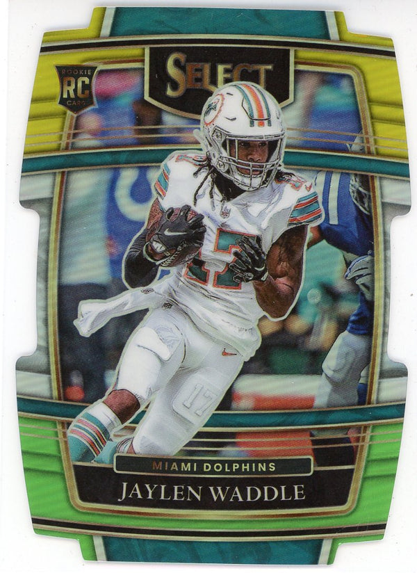 Jaylen Waddle 2021 Panini Select Green / Yellow Prizm Die Cut Rookie Card #48