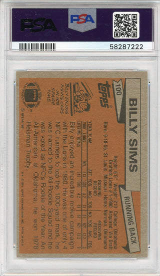 Billy Sims 1981 Topps Card #100 (PSA NM-MT 8)