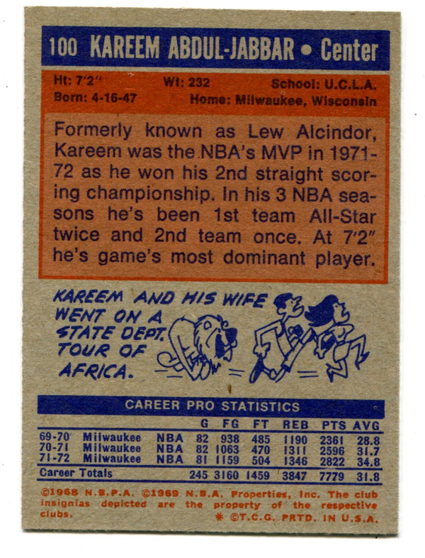 Kareem Abdul-Jabbar 1968 Topps #100 Card