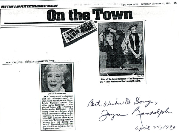 Joyce Randolph Autographed On The Town Page